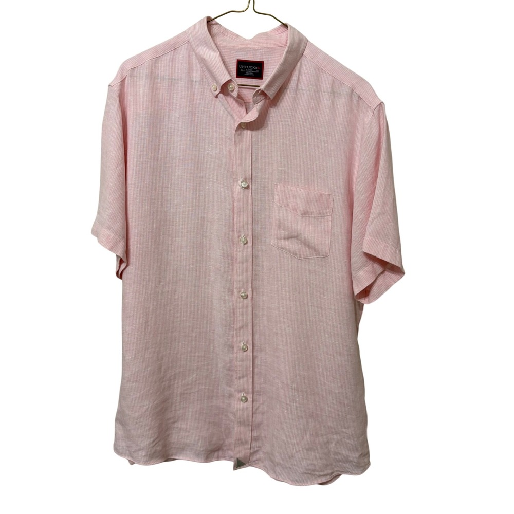 UNTUCKit Pink White Stripe 100% Linen Slim Fit Short Sleeve Shirt Womens Large